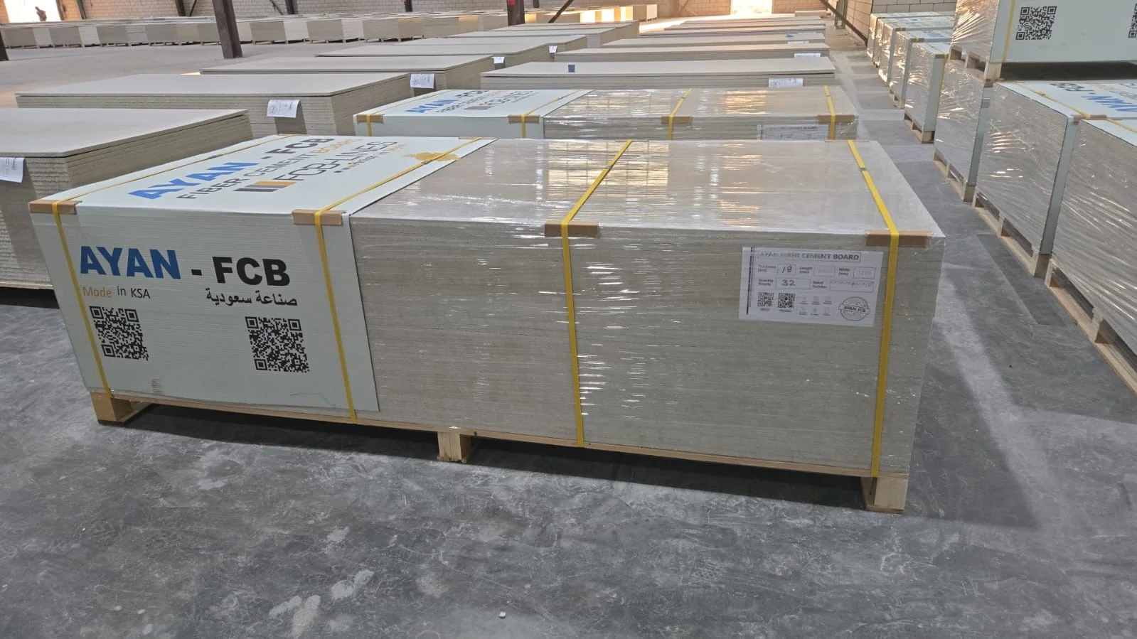 AYAN-FCB branded, QR-coded pallet of fiber cement boards